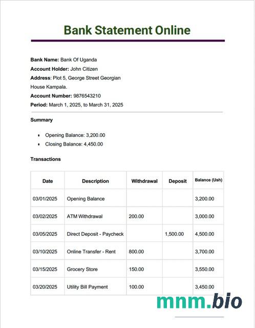 Uganda Bank Of Africa dowód adresu szablon wyciągu bankowego w formacie Word i PDF